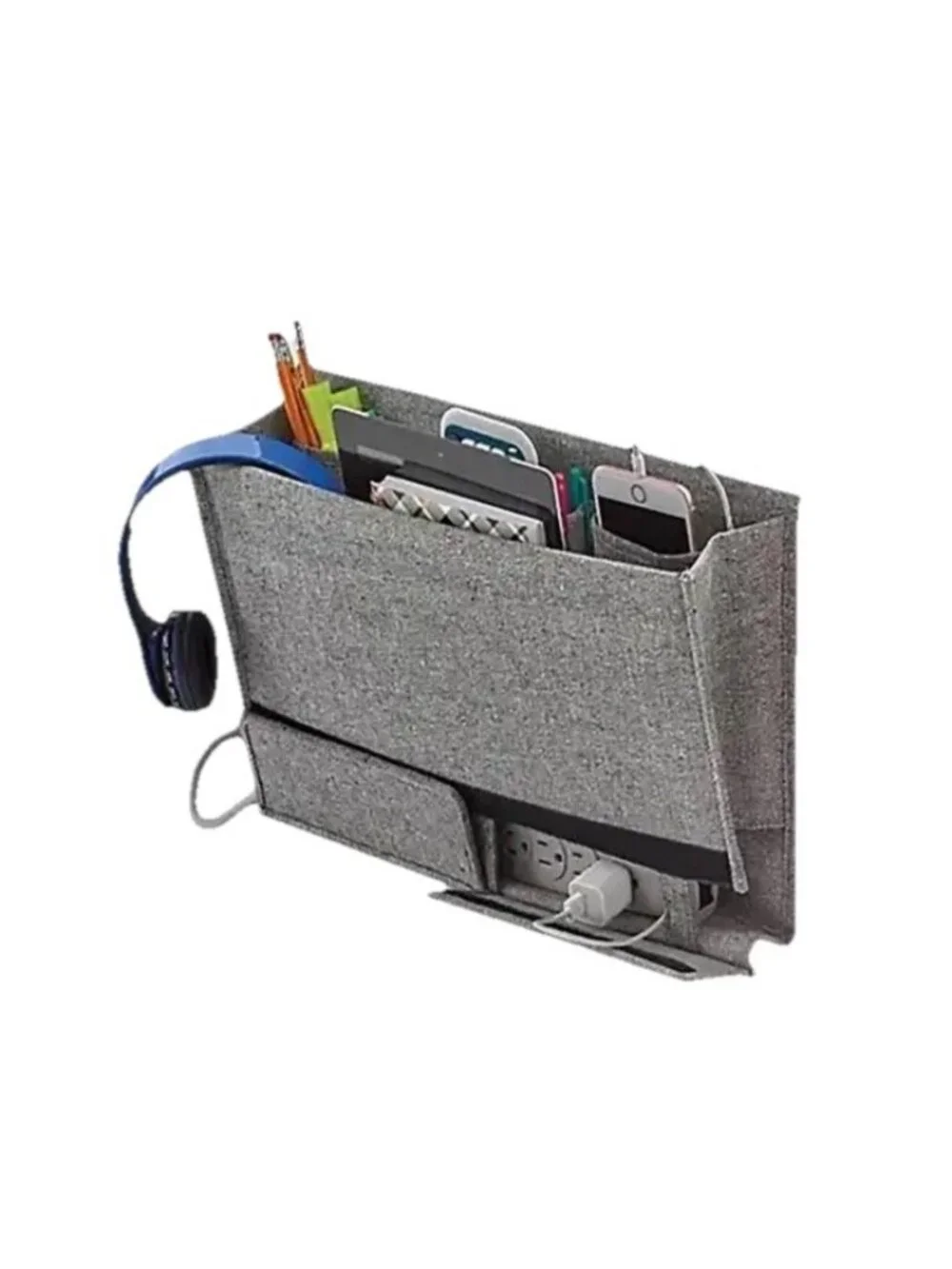 Bedside Caddy Gray Hanging Organizer W/ Power Strip Pocket Dorm Room Bunk Bed